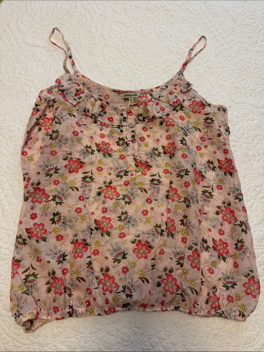 Heritage 1981 Pink Floral Ruffle-Trim Spaghetti-Strap Cami, silky, cotton fabric